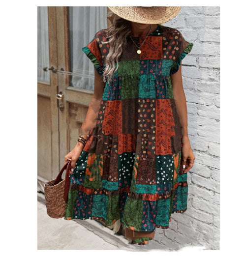 Round Neck Fashion Casual Long Sleeve A- Line Printed Dress