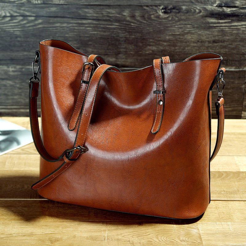 Simple Oil Wax Leather Portable Tote Bag