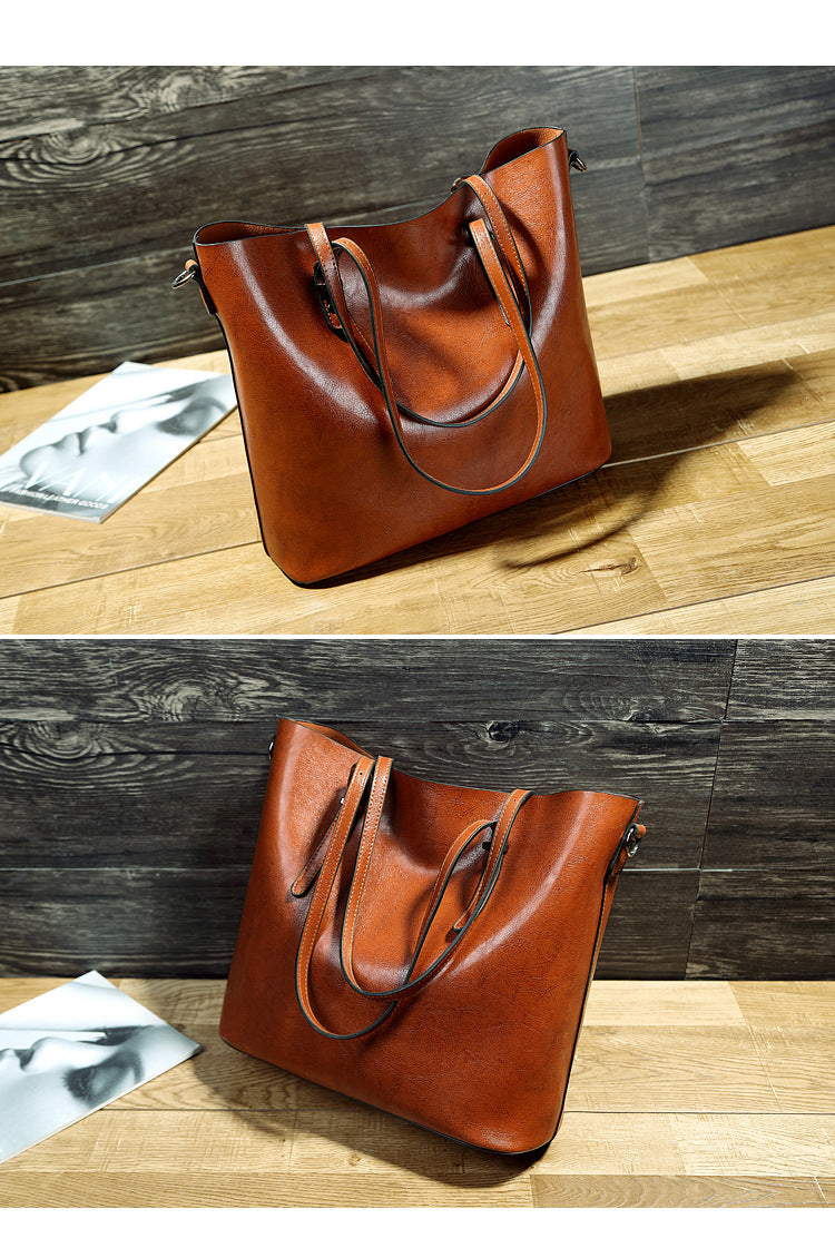 Simple Oil Wax Leather Portable Tote Bag