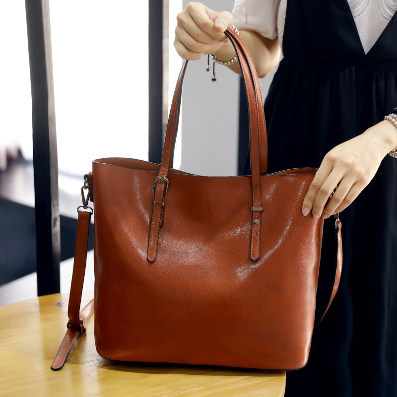 Simple Oil Wax Leather Portable Tote Bag
