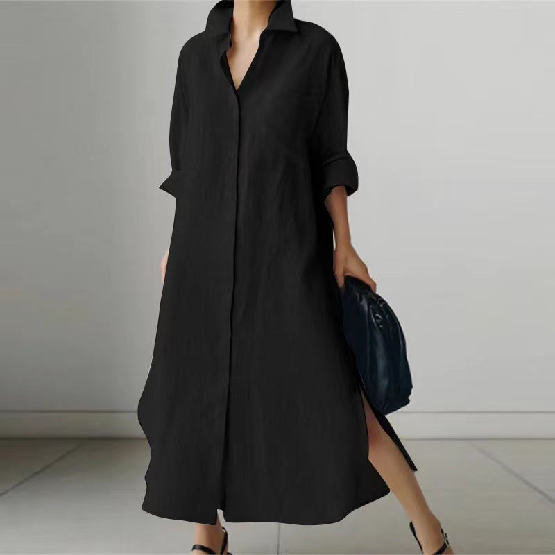 Women's Slit Shirt Dress Solid Color Long-sleeved Cardigan Irregular Long Dress