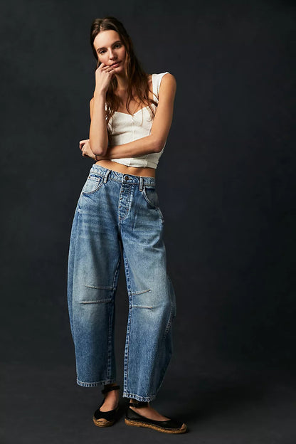 High Stretch Mid-Rise Barrel Jeans Fashion Wide Baggy Mid Waist Denim Jeans