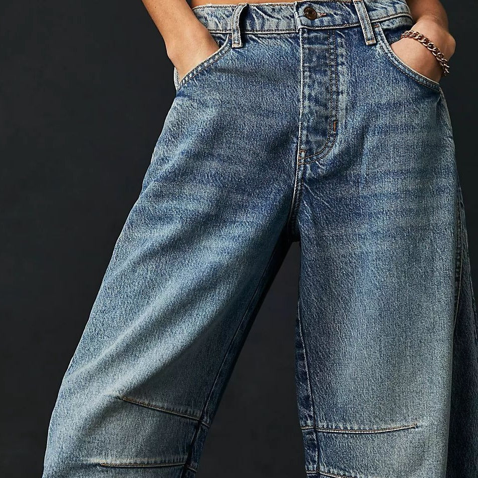 High Stretch Mid-Rise Barrel Jeans Fashion Wide Baggy Mid Waist Denim Jeans