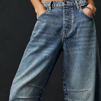 High Stretch Mid-Rise Barrel Jeans Fashion Wide Baggy Mid Waist Denim Jeans