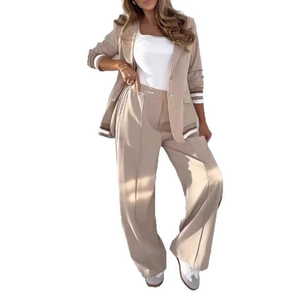 2 Pcs Set Women Suit Coat Pants Suit Lapel Long Sleeves Lady Jacket Wide Leg High Waist Trousers Female Commuting Office Outfit