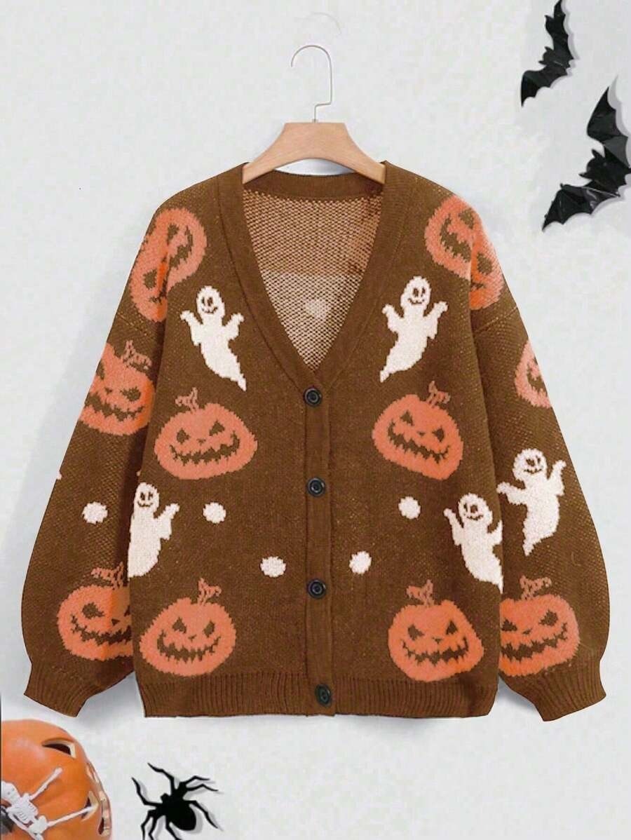 Halloween V-neck Loose Pumpkin Jacquard Cardigan