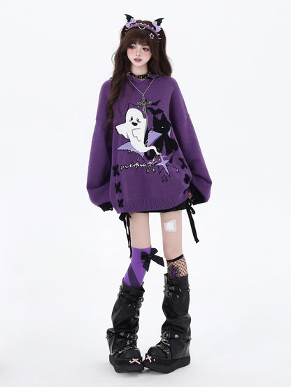 Halloween Little Ghost Lace Up Loose Sweater Top