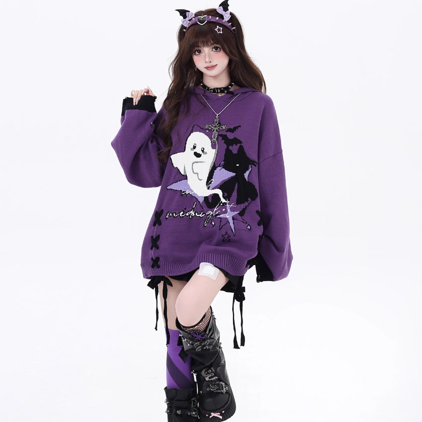 Halloween Little Ghost Lace Up Loose Sweater Top