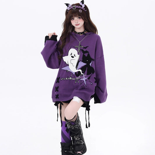 Halloween Little Ghost Lace Up Loose Sweater Top