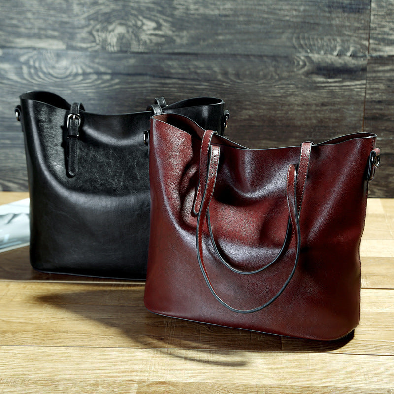 Simple Oil Wax Leather Portable Tote Bag