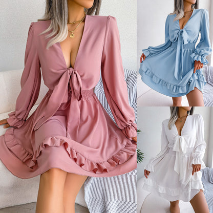 Sexy V-neck Lace Up A-line Dress Women's Beach Dress