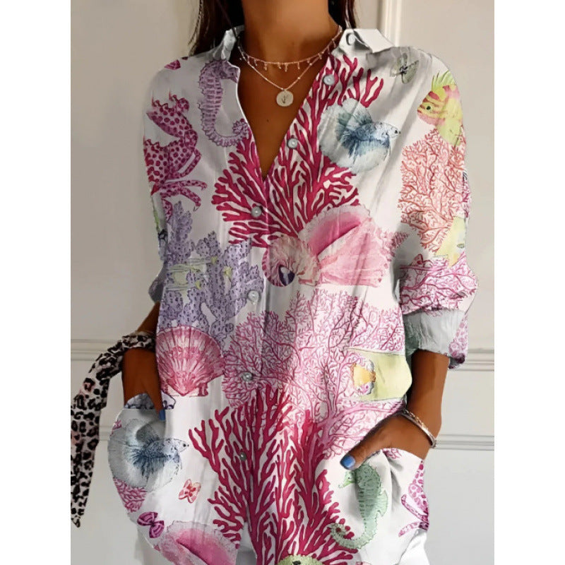 Chemise Femme à Fleurs – Manches Longues, Boutonnée