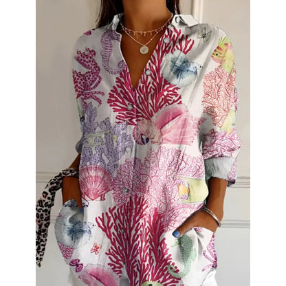 Chemise Femme à Fleurs – Manches Longues, Boutonnée