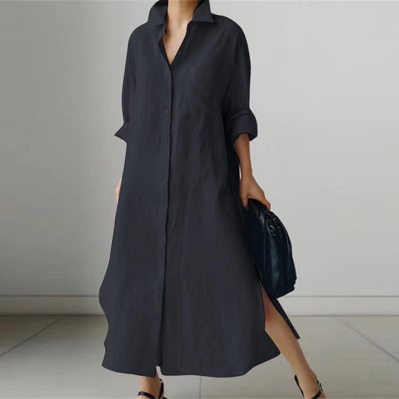 Women's Slit Shirt Dress Solid Color Long-sleeved Cardigan Irregular Long Dress