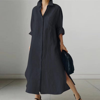 Women's Slit Shirt Dress Solid Color Long-sleeved Cardigan Irregular Long Dress