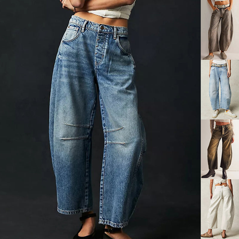 High Stretch Mid-Rise Barrel Jeans Fashion Wide Baggy Mid Waist Denim Jeans