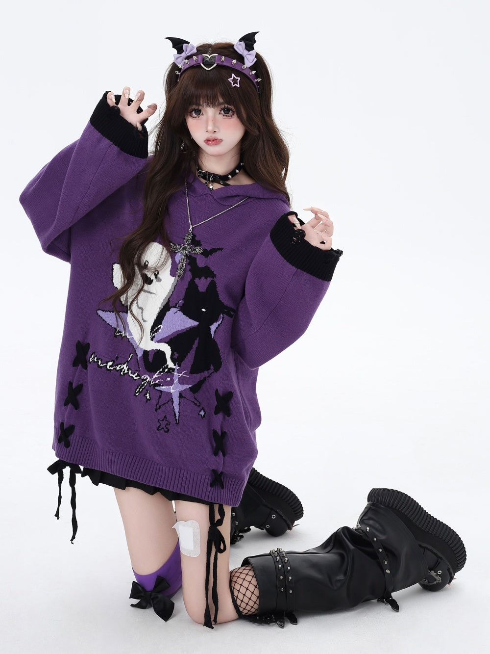 Halloween Little Ghost Lace Up Loose Sweater Top