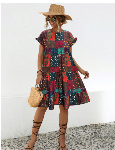 Round Neck Fashion Casual Long Sleeve A- Line Printed Dress