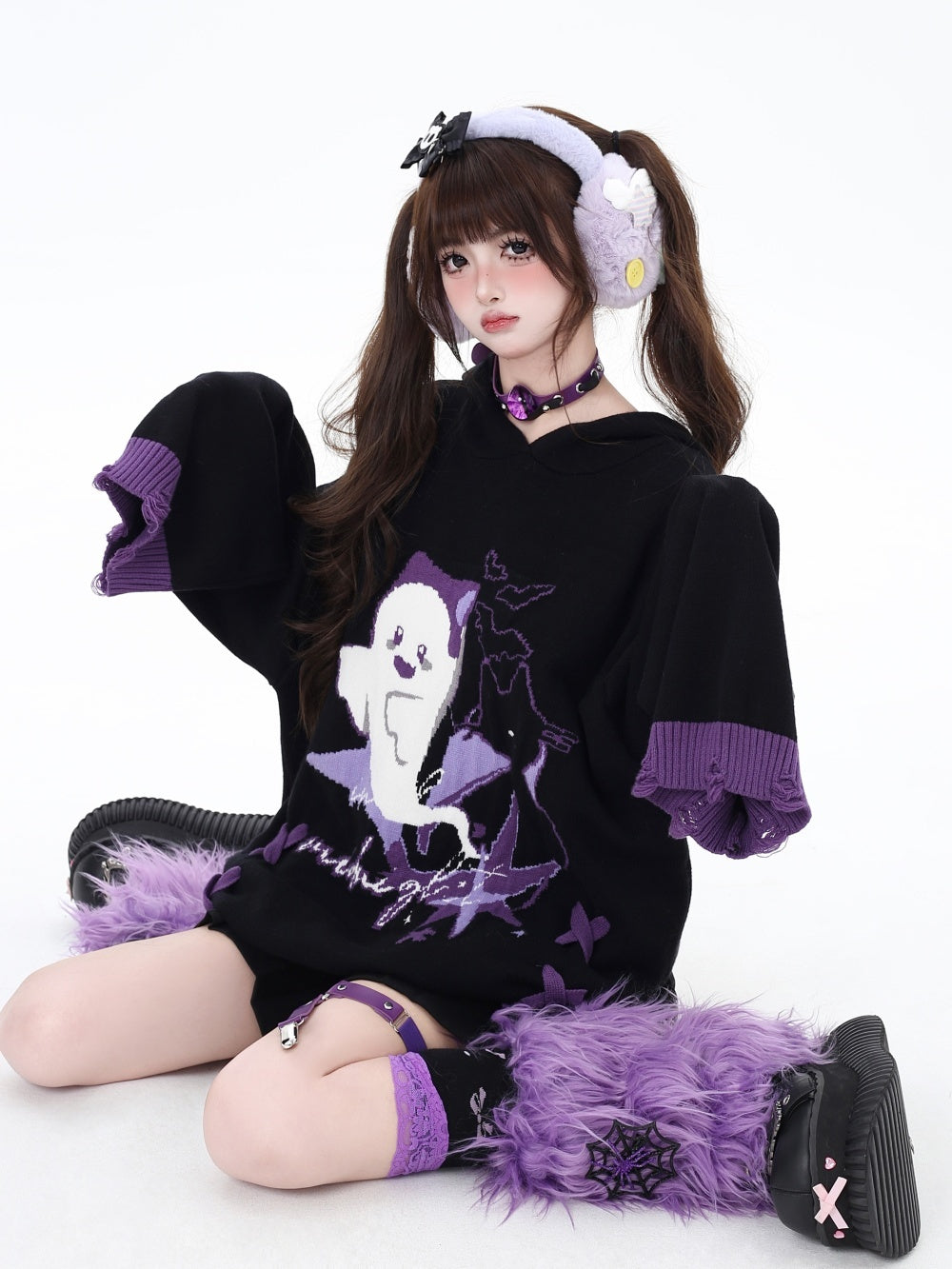 Halloween Little Ghost Lace Up Loose Sweater Top
