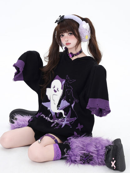 Halloween Little Ghost Lace Up Loose Sweater Top