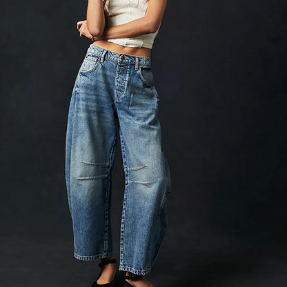 High Stretch Mid-Rise Barrel Jeans Fashion Wide Baggy Mid Waist Denim Jeans