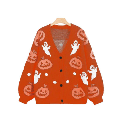 Halloween V-neck Loose Pumpkin Jacquard Cardigan