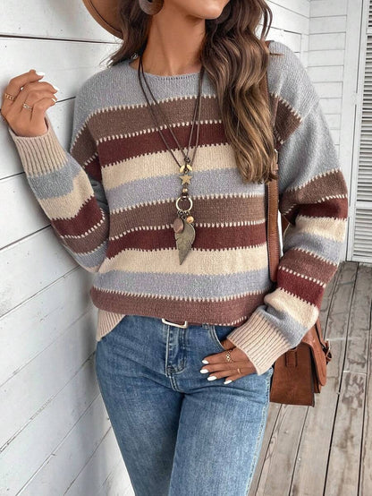Ins Colorblock Striped Pullover Sweater Fashion Casual Long Sleeve Top Autumn And Winter Women's Clothing