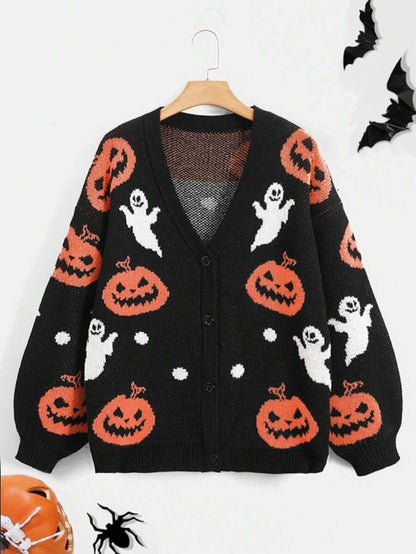 Halloween V-neck Loose Pumpkin Jacquard Cardigan