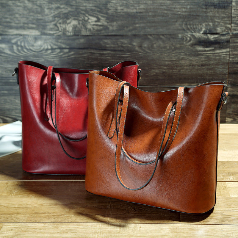 Simple Oil Wax Leather Portable Tote Bag
