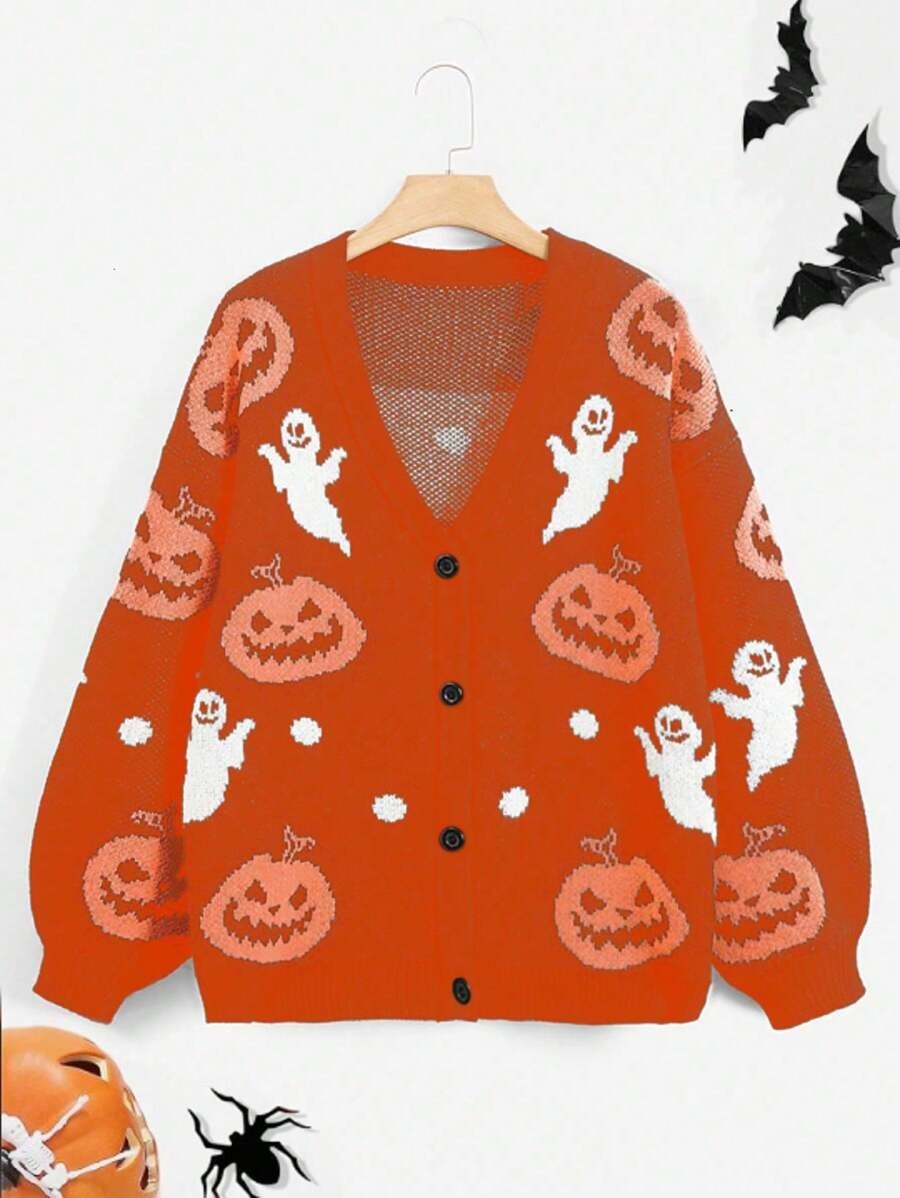 Halloween V-neck Loose Pumpkin Jacquard Cardigan