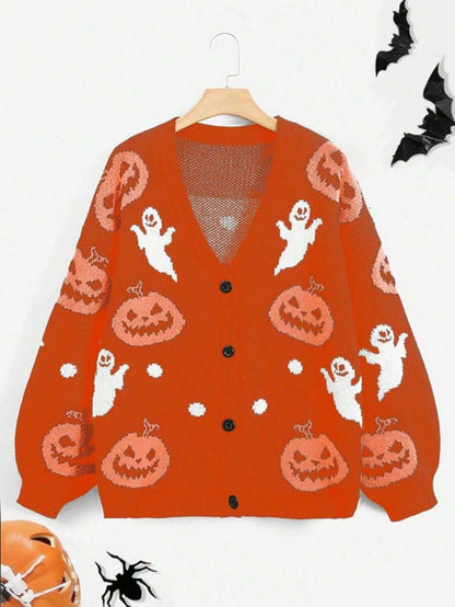 Halloween V-neck Loose Pumpkin Jacquard Cardigan