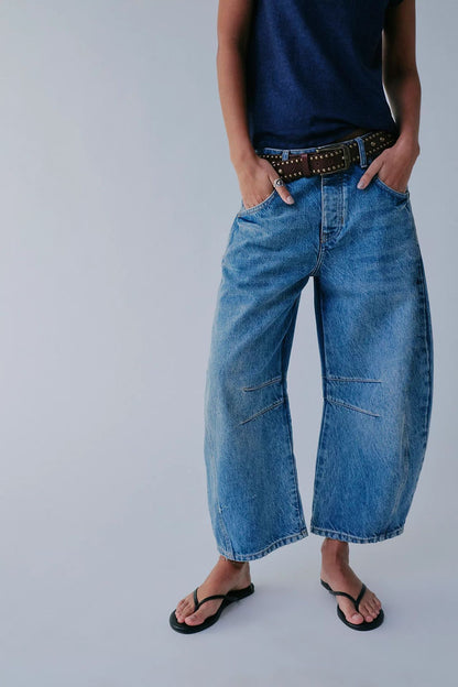 High Stretch Mid-Rise Barrel Jeans Fashion Wide Baggy Mid Waist Denim Jeans